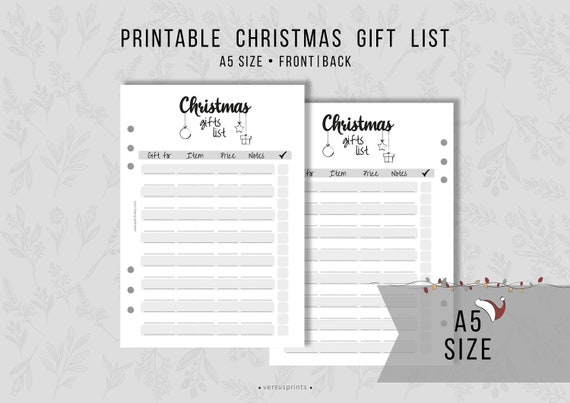 Christmas Gifts List, Printable Insert for A5 Size Planners, Gifts
