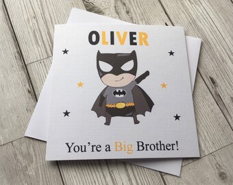 Personalised Cute Batman style super hero - You're a Big Brother Card - congratulations ~ new sister~new brother~ siblings ~ new baby