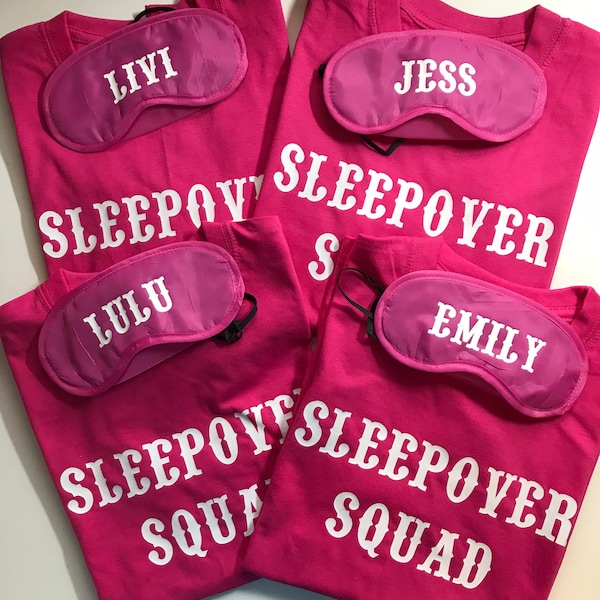 Sleepover Squad T Shirts and Eye Mask Set | Birthday Shirt | Customised Birthday | Teen Birthday Party | Personalised T Shirts | Party Girl