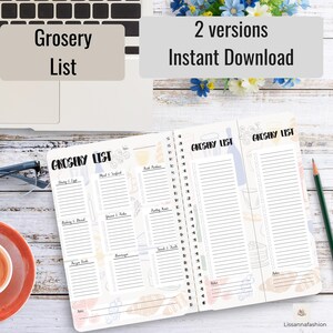 May include: Open spiral-bound grocery list notebook with the words "Grocery List" at the top. The notebook has sections for different food categories and the text "2 versions Instant Download". A pencil and a cup of coffee are also visible.