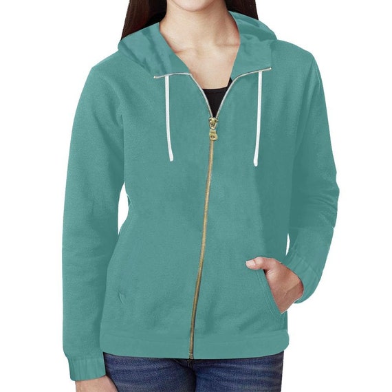 Teal All Over Print Full Zip Hoodie for Women Model H14 | Etsy