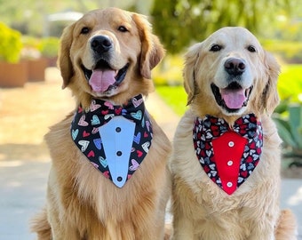 Tuxedo dog bandana, Valentines Day bandana with bowtie, Dog bandana with Snaps, Pet scarf gift, Xoxo dog scarf, Dog Bowtie,