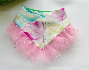 Spring Dog Bandana with Pink Floral Ruffles and Matching Bow