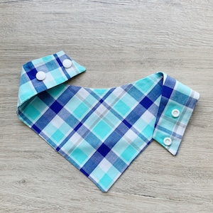 Nautical dog bandana, Blue plaid summer pet scarf, Snap on, Over the collar, snap on sailboat, dog gift, puppy gear,