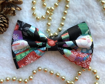 Snowman Christmas Dog Bowtie, Holiday Pet Collar Accessory