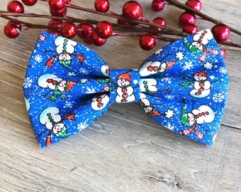 Christmas Dog Bowtie, Blue Snowman Holiday Pet Collar