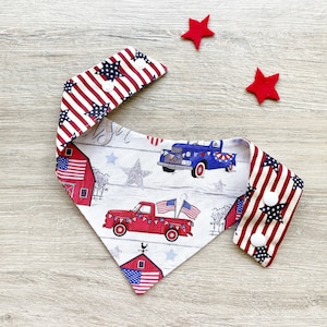4th of July Dog Bandana, red & blue truck dog bandana, Summer, Memorial Day, Tie On Dog Bandana, reversible bandana, matching hairbow