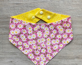 Pink Daisy Flower, Dog Bandana, Pet Scarf, snaps on, tie on, Season bandana, Tassel bandana, pom pom bandana, pet bandana