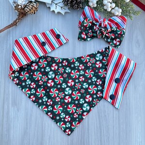 Christmas dog Bandana, Tiny Mint Candy Reversible Snap Bandana, Matching hair-bow, Over the collar bandana, Holiday scarf for dogs