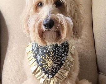 New Year dog Bandana, Gold stars Reversible Snap Bandana, Matching hair-bow, Over the collar bandana, Holiday scarf for dogs,