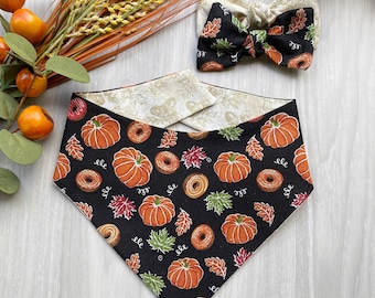 Pumpkin Donuts Fall Dog bandana, Dog bandana, Snap on Bandana, Matching hair-bow, Bow and Bandana, Hair Scrunchies