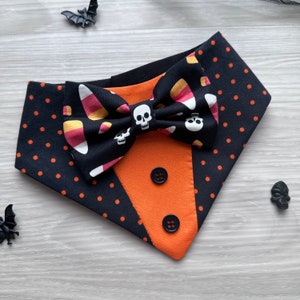 Halloween dog tuxedo bandana, Dog bandana, Snap on Bandana, spooky tuxedo, bandana with bowtie, image 1