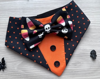 Halloween dog tuxedo bandana, Dog bandana, Snap on Bandana, spooky tuxedo, bandana with bowtie,