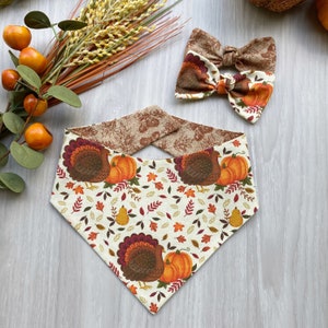 Bandana para perro con diseño de pavo y calabaza, bandana para perro, bandana a presión, lazo para el pelo a juego, lazo y bandana, coleteros para el pelo