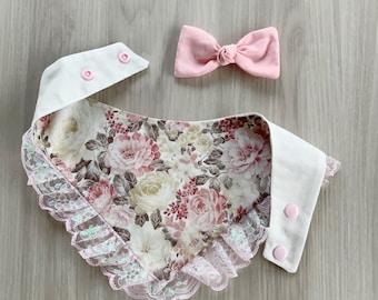 New Spring Dog bandana with lace, Snap on Bandana, Matching hair-bow, Bow and Bandana, Floral bandana