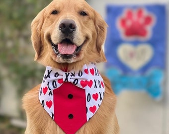 XoXo Tuxedo dog bandana, Valentines Day bandana with bowtie, Dog bandana with Snaps, Pet scarf gift, dog scarf, Dog Bowtie,