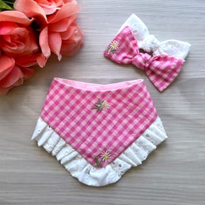 Spring Dog Bandana, snap closure dog bandana, pink gingham Cute Girly dog bandana, flower bandana, cotton bandana, dog accessories