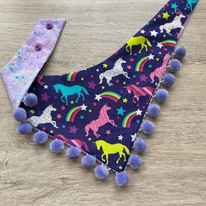 Unicorn Dog Bandana, Dog Accessories, Puppy Bow, Pet Scarf, reversible, snaps on, tie on, summer bandana, pom pom bandana