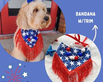 Patriot Dog bandana with, White stars, Snap on Bandana, Matching hair-bow, summer pet accessories, Puppy gift, memorial scarf, 4th of July