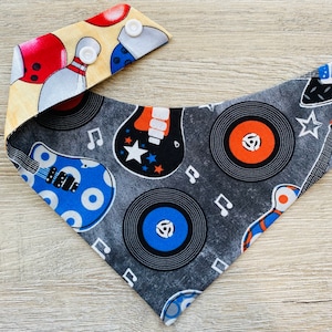 New! Rock and roll Dog Bandana, Bowling Pet Scarf, snaps on, tie on, Season bandana, spring bandana, pom pom bandana, pet bandana, rock