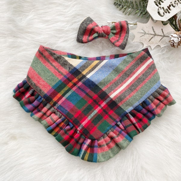 New! Multicolor with ruffles Dog bandana, Flannel Fancy bandana, Snap on Bandana, Matching hair-bow, Bow and Bandana, red tartan