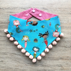 Mermaid Dog Bandana, Dog Accessories, Puppy Bow, Pet Scarf, reversible, snaps on, tie on, summer bandana, pom pom bandana