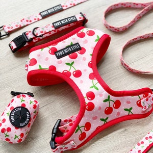 BUNDLE Set Cherry Dog Harness, Dog Harness, Adjustable Dog Harness, Collar, lead and poop bag holder, Padded Dog Harness, Red Dog Harness,