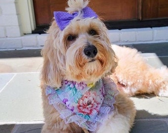 Floral Dog Bandana with Lace, Snap-On Scarf, Matching Bow