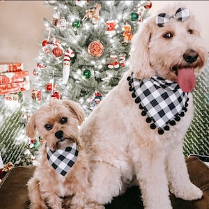 Christmas Dog Bandana, Black and White Check, Pet Scarf, snaps on bandana, tie on, reversible bandana, pompom bandana, pet bandana