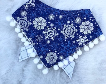 New! Christmas Blue Snowflake Dog Bandana, Dog Accessories, Puppy Bow, Pet Scarf, reversible, snaps on, tie on, winter bandana, holiday