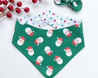 Santa Dog Bandana, Green Christmas, Reversible Snap-On Pet Bandana