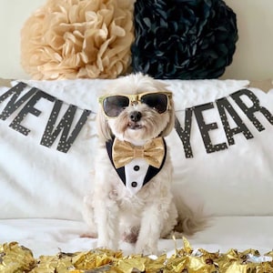 New! Dog Tuxedo bandana, New Years Dog scarf, Snap on and over the collar, Wedding attire for dogs, bandana with bowtie, Christmas Bandana