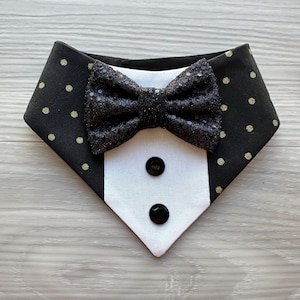 New! Dog Tuxedo bandana, New Years Dog scarf, Snap on Wedding attire for dogs, bandana with bowtie, happy new years