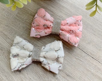 Fancy Dog Bowtie made out of lace floral, pet accessories for spring, puppy gift, white off and peach bow tie. Wedding dog bow tie