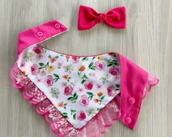 New Spring Dog bandana with lace, Pink Floral Snap on Bandana, Matching hair-bow, Spring and summer pet accessories, Puppy gift