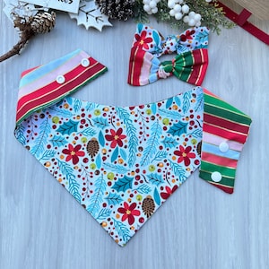 Christmas dog Bandana, XMAS Floral Reversible Snap Bandana, Matching hair-bow, Over the collar bandana, Holiday scarf for dogs
