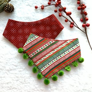 Christmas Dog Bandana, Ornaments, Pet Scarf, snaps on bandana, tie on, reversible bandana, pom pom bandana, Christmas tree