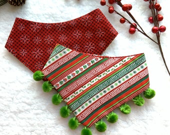 Christmas Dog Bandana, Ornaments, Pet Scarf, snaps on bandana, tie on, reversible bandana, pom pom bandana, Christmas tree