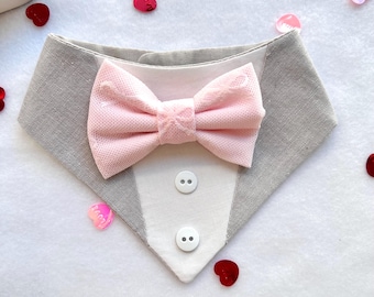 Pink and Gray Tuxedo dog bandana, Valentines Day bandana with bowtie, Dog bandana with Snaps  Pet scarf gift, plaid dog scarf, Dog Bowtie,