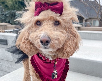 New! Velvet Burgundy with ruffles Dog bandana, Fancy bandana, Snap on Bandana, Matching hair-bow, Bow and Bandana, Christmas bandana