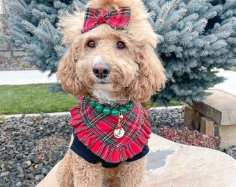 Christmas red tartan Dog bandana, bandana with ruffle, Fancy bandana, Snap on Bandana, Matching hair-bow, Bow and Bandana,holiday