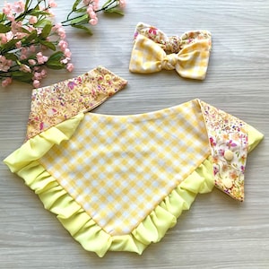 Pañuelo Spring Dog con volantes, estampado floral de cuadros amarillos, bandana a presión, lazo para el pelo a juego, lazo y bandana, bandana floral, accesorios para gatos