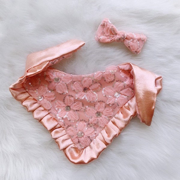 New! Peach Lace floral with ruffles Dog bandana, Fancy bandana, Snap on Bandana, Matching hair-bow, Dog mom, Dog scarf, Spring dog bandana,