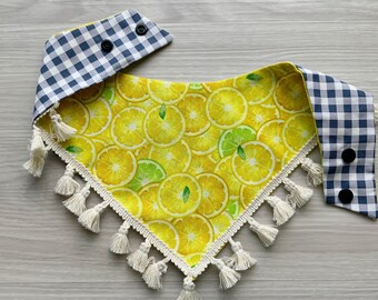 Lemon Dog Bandana with Tassels, Gingham Trim, Snap-On, Cat Accessories