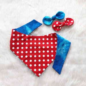 Red and white polka dot Dog Bandana, Blue bandana, dog accessories, tie on bandana, reversible bandana, pompom bandana, spring bandana