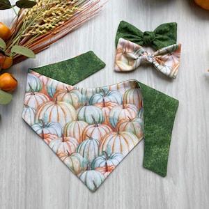 Pumpkin Pile Fall Dog bandana, Dog bandana, Snap on Bandana, Matching hair-bow, Bow and Bandana, Hair Scrunchies