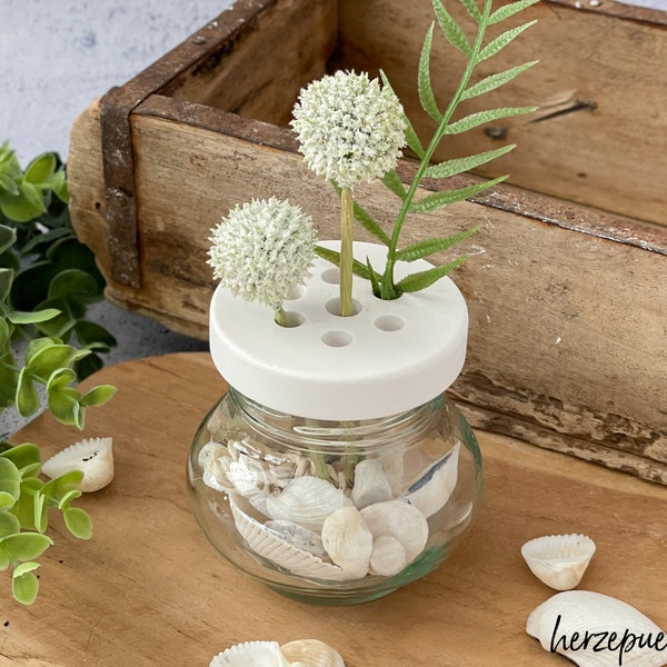 Blumenretter-Deckel für Gläser oder Dosen, weißer kleiner Ikebana-Vasendeckel bzw. Blumenhalter-Deckel aus Raysin