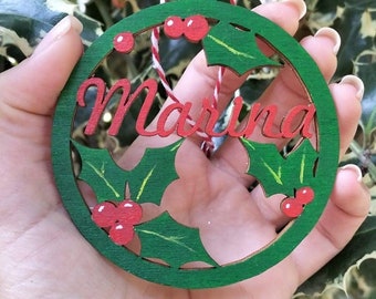CHRISTMAS BALL personalized wooden decoration with name Christmas holly to hang painted placeholder tree gift tag