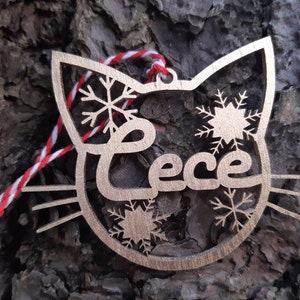 PALLINA DECORAZIONE palla natale GATTO personalizzata in legno con nome idea regalo chiudipacco albero ornamenti 9x7cm chat cat decoration