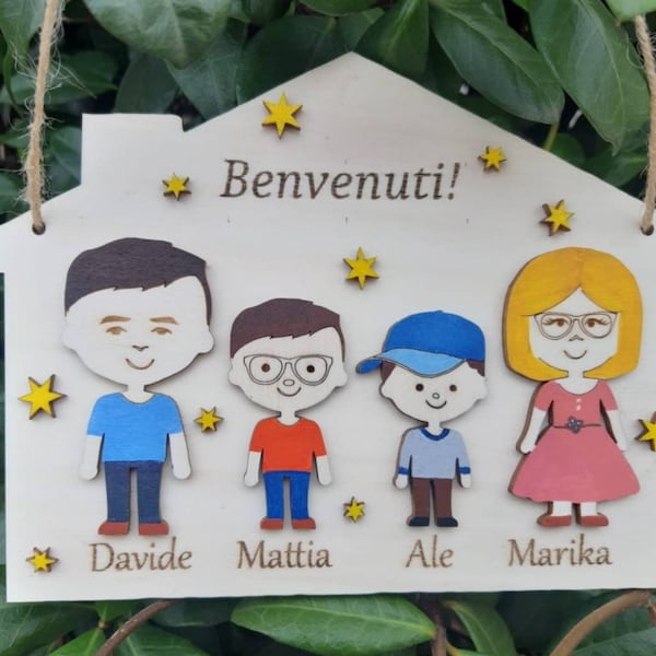 Targa legno personaggi famiglia personalizzati con nome caricature minime avatar decorazione idea regalo casa